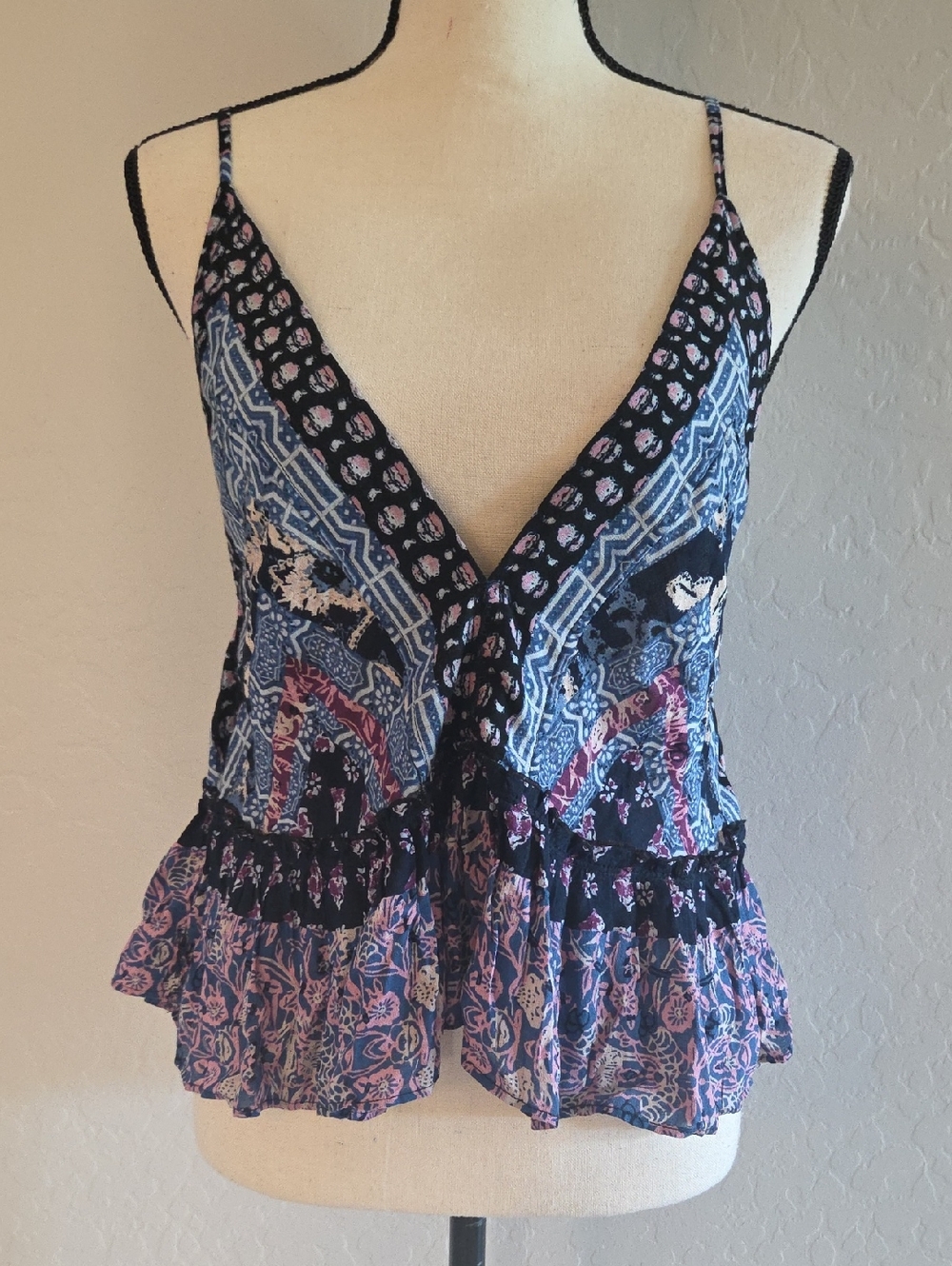 Free People Blue and Pink Patchwork V-Neck Camisole Size XL NWOT